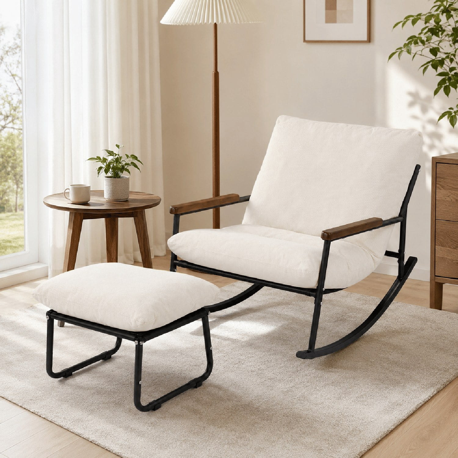 Papasan Rocking Chair with Thickened Cushion and Matching Ottoman, Solid Wood Armrests and Rockers, Comfy Reading Lounge for Nursery, Living Room, Bedroom, Porch and Balcony