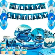 Shark Party Supplies,67 Pcs Shark Birthday Party Decorations & Shark Party Tableware Set - Shark Plates and Napkins Tablecloths & Shark Balloons Banner Shark Cake Toppers etc Shark Party Decorations