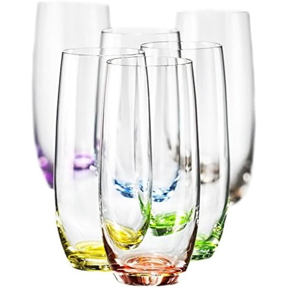 Rainbow Set of 6 Beverage Highball Multi Colored Crystal Glasses, 12 Oz Each Base Different Color