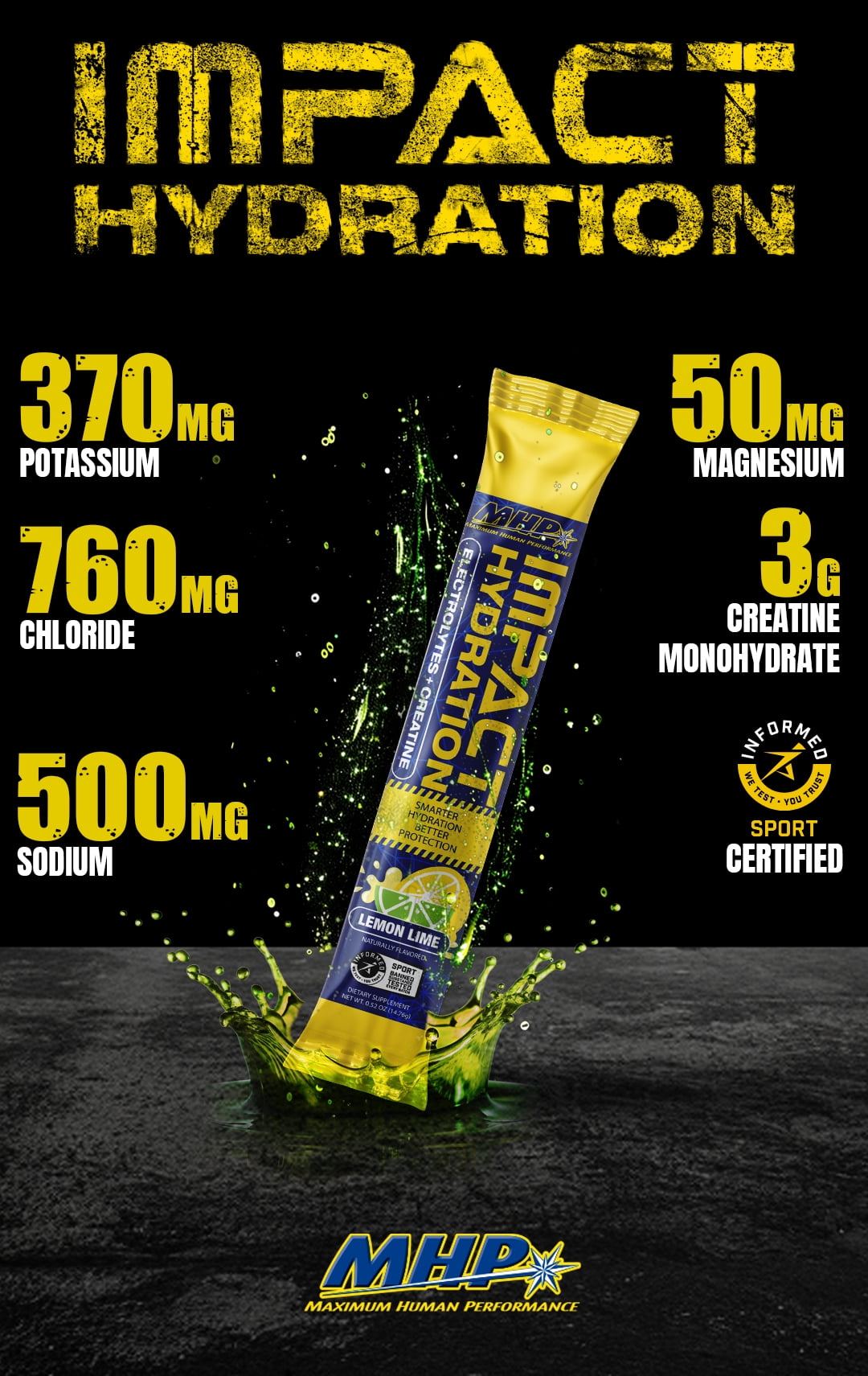 MHP Impact Hydration Electrolyte Creatine Sports Drink Stick Pack, No Artificial Sweeteners or Colors, Performance, Recovery, Concussion Protection, Lemon Lime, 14 Count