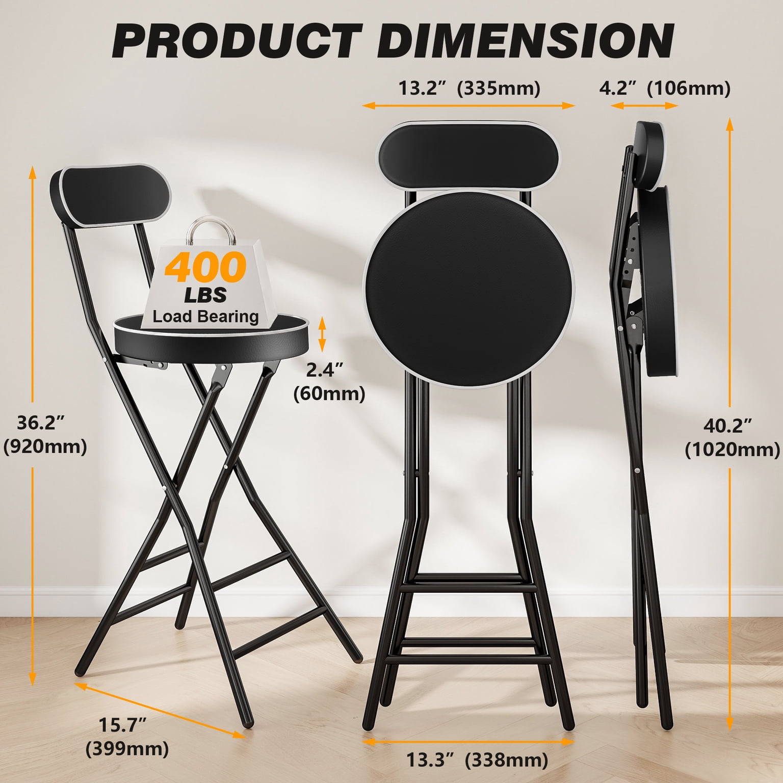2 Pack 26 inch Height Folding Stool with Backrest and Handle, 400 lbs Capacity, Faux Leather Seat for Outdoor, Camping