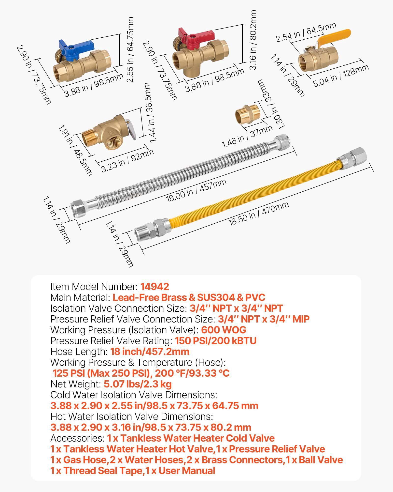 3/4 Inch Water Heater Repair Kit with 600 WOG Valves Pressure Relief Valve Ball Valve Gas Hose Compatible with Tankless Heaters