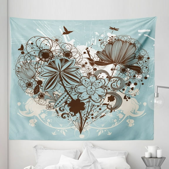 Grunge Tapestry, Murky Floral Dragonfly Background with Swirls and Petal Retro Graphic, Fabric Wall Hanging Decor for Bedroom Living Room Dorm, 5 Sizes, Pale Blue Chestnut Brown, by Ambesonne