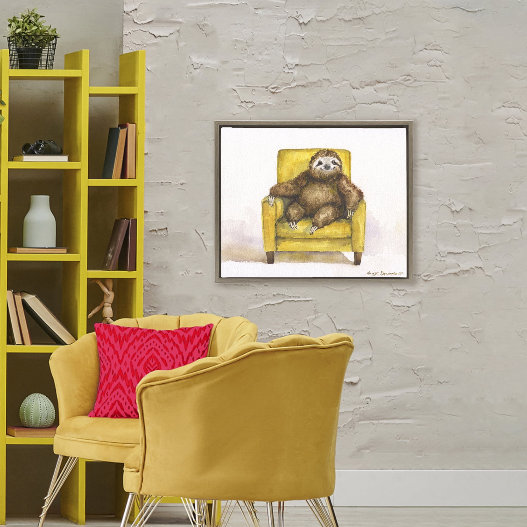 Stupell Industries Happy Sloth Relaxing on Armchair Brown Framed Floater Canvas Wall Art, design by George Dyachenko