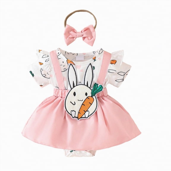 CAICJ98 Newborn Baby Girl Clothes Easter Romper Dress Ruffle Short Sleeve Bunny Jumpsuit Bodysuit with Headband Infant Spring Summer Cute Outfits (Red,0-3 Months)