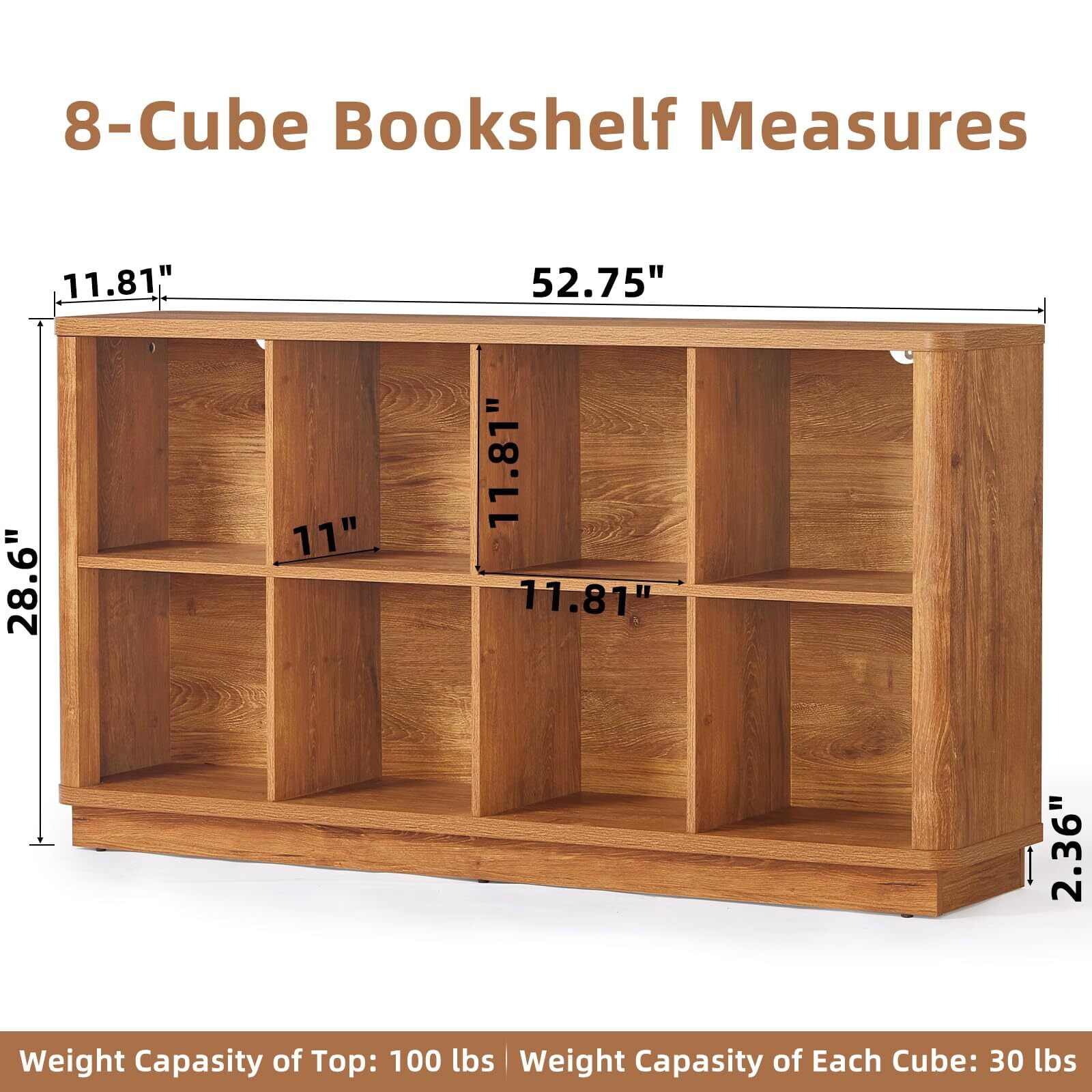 Buildhom 8-Cube 2-Tier Storage Bookcase, 52" Long Horizontal Bookshelf with Curved Edge for Living Room, Tea Color