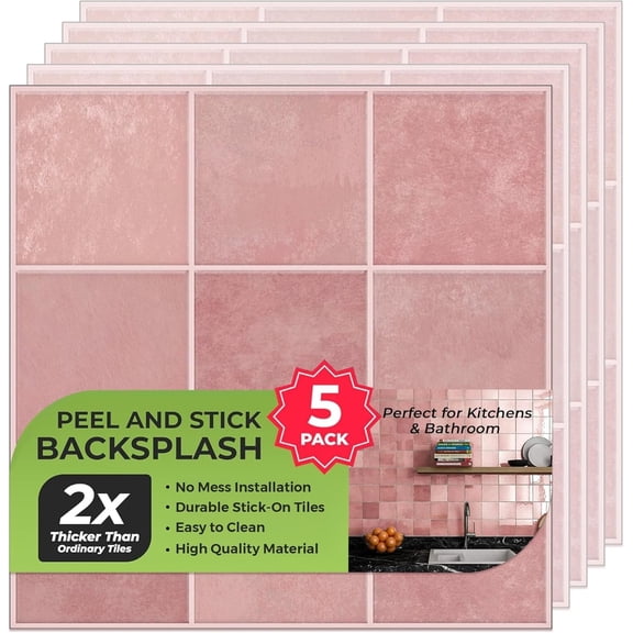 Select 5 Pack Peel and Stick Backsplash Square Tiles, Extra Thick 3D Wall Panels, Heat & Water Resistant, Easy DIY Kitchen, Bathroom, Laundry, Fireplace & Rental Home Wall Dcor (12 x 12 in), Pink