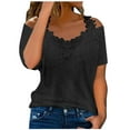 thumbnail image 2 of Meichang Lace Cold Shoulder Tops for Women Summer Dressy Casual Eyelet Embroidery T Shirts V Neck Short Sleeve Tshirts Blouses Solid Loose Fit Work Tees Black XL, 2 of 6