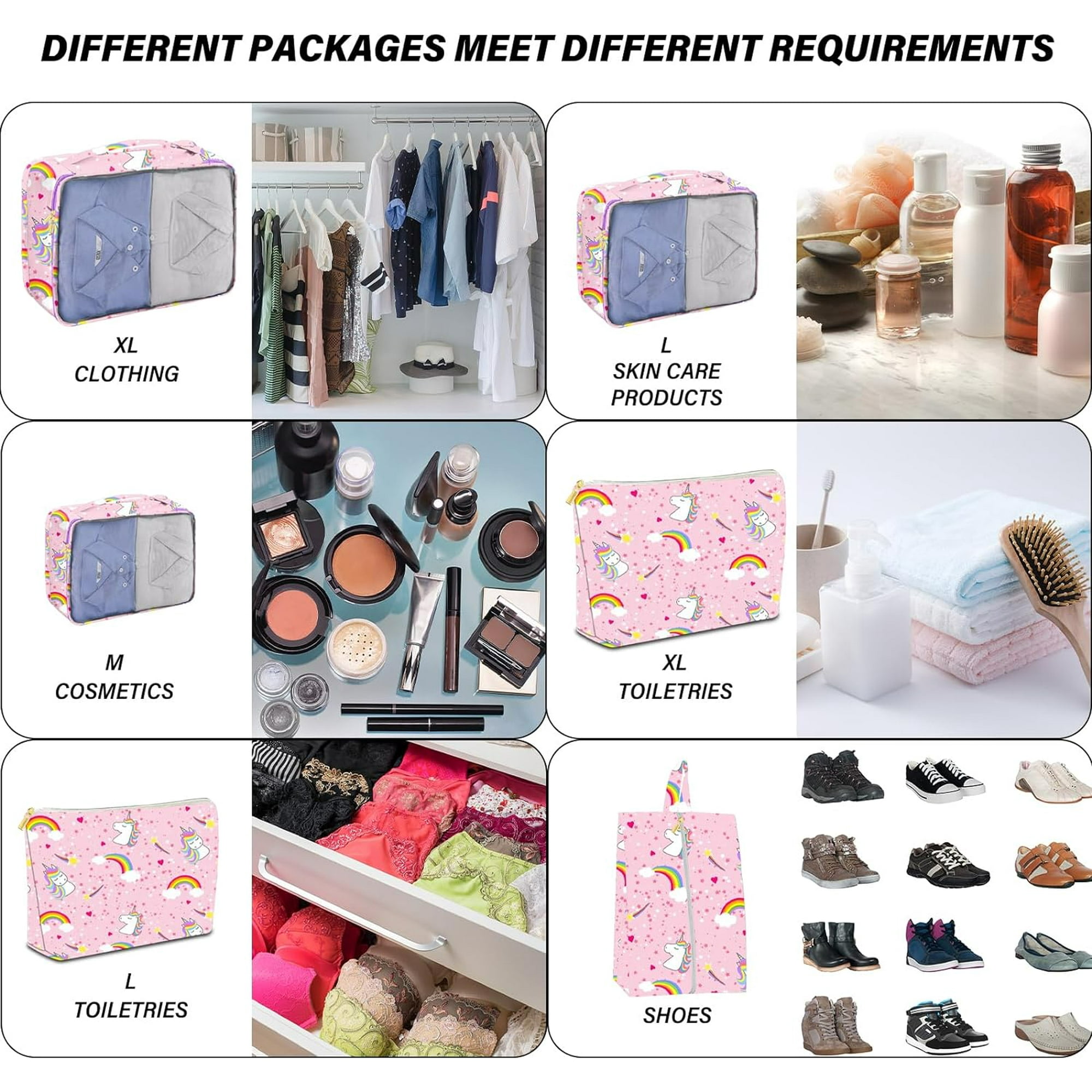GFDYREE 7 Set Packing Cubes Travel Luggage Organizers for Suitcase Travel Accessories with Shoe Bag for Kids Women Girls Cute Aesthetic Art Pink Unicorn Walmart