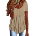 thumbnail image 3 of Itsame Summer Plain Short Shirt Sleeved Womens Casual T-Shirt Top Button Round Neck T Shirt Khaki Size L, 3 of 7