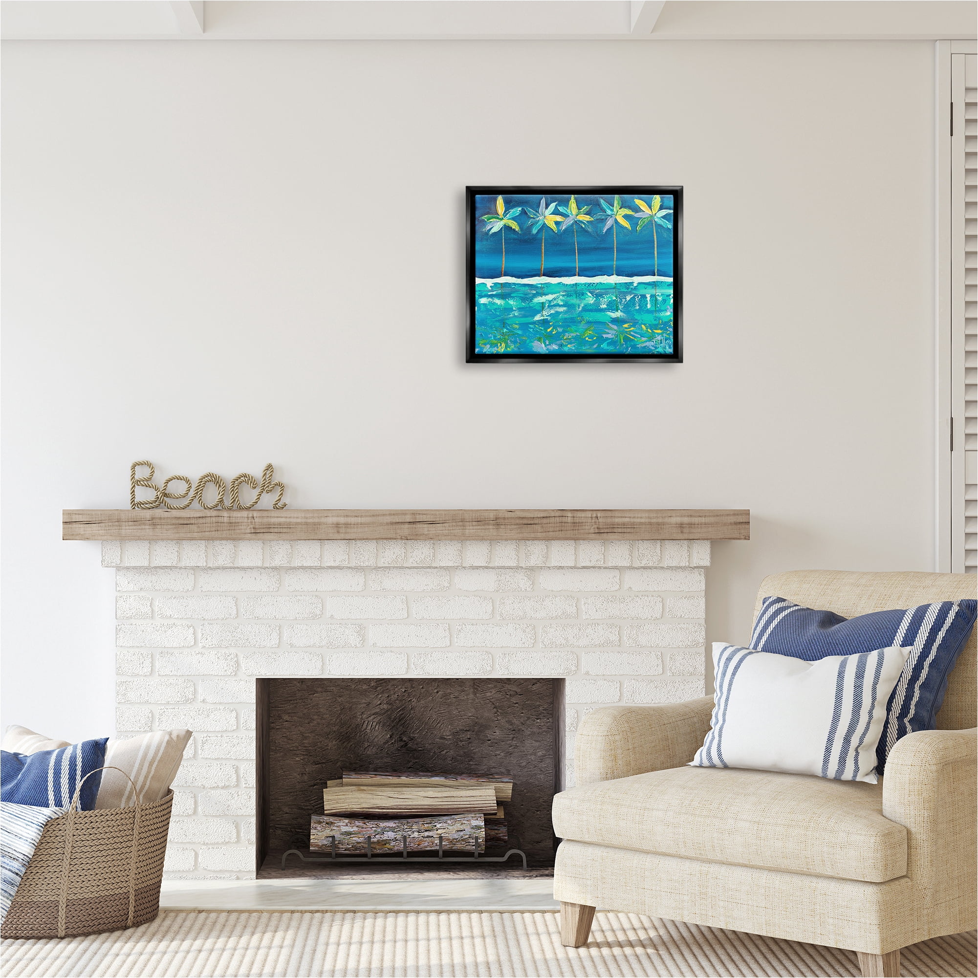Stupell Industries Blue Abstract Palms Landscape Painting Black Floater Framed Canvas Art Print Wall Art, 21 x 17