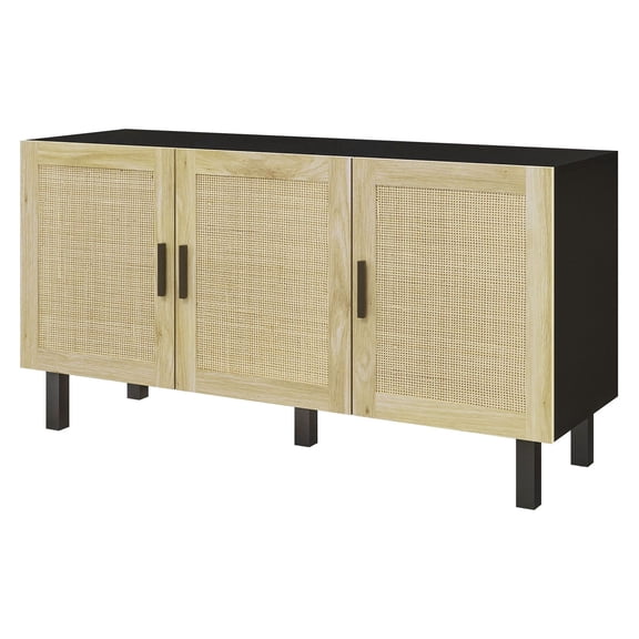 SAZYY Boho Kitchen Cabinet, Black and Natural Buffet with 3 Rattan Doors & Adjustable Shelves for Dining Room