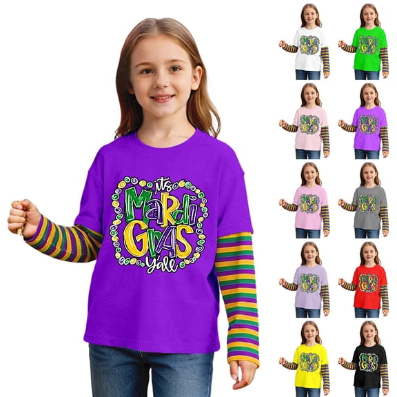 KKBOTIVE Kids Mardi Gras Outfit Casual Striped Long Sleeve Shirt Round Neck Tops for Boys Girls Daily Festive Tees Pullover, Black Size: 11-12 Years