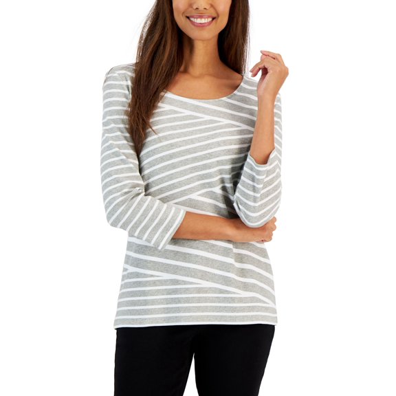 Women's Callie Asymmetrical-Stripe 3/4-Sleeve Top Smoke Grey Heather M