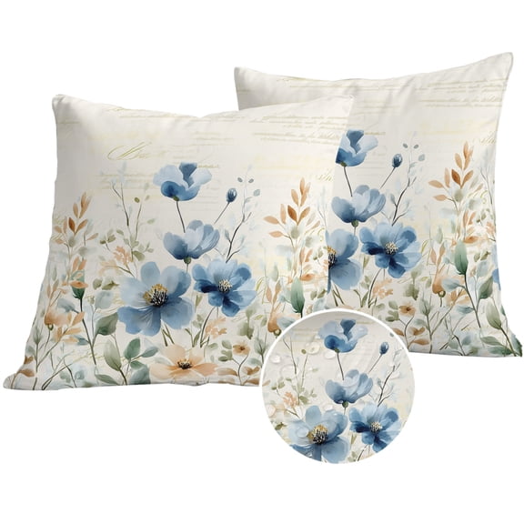 Blue Spring Floral Outdoor Pillow Covers 20x20 Set of 2, Waterproof Patio Throw Pillowcase Protectors, Summer Botanical Vintage Square Decorative Pillow Shams Cushion Covers for Seat Bed Couch Sofa