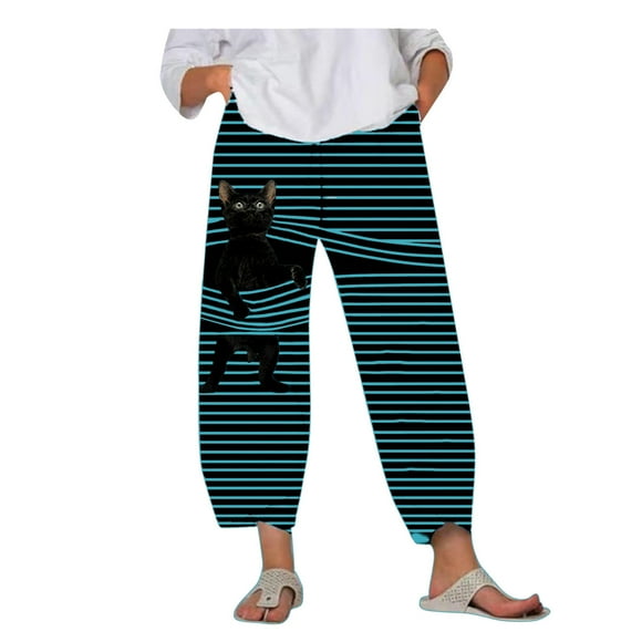 New Women's Striped Long Pants Print Cute Cat Casual Street Gym Sweatpants Jogger Workout Trouser Running Sport Harem Pants