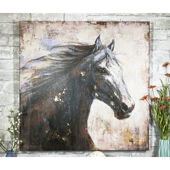 Rustic Country Western Running Mustang Horse Canvas Picture Wooden Frame 36"X36"