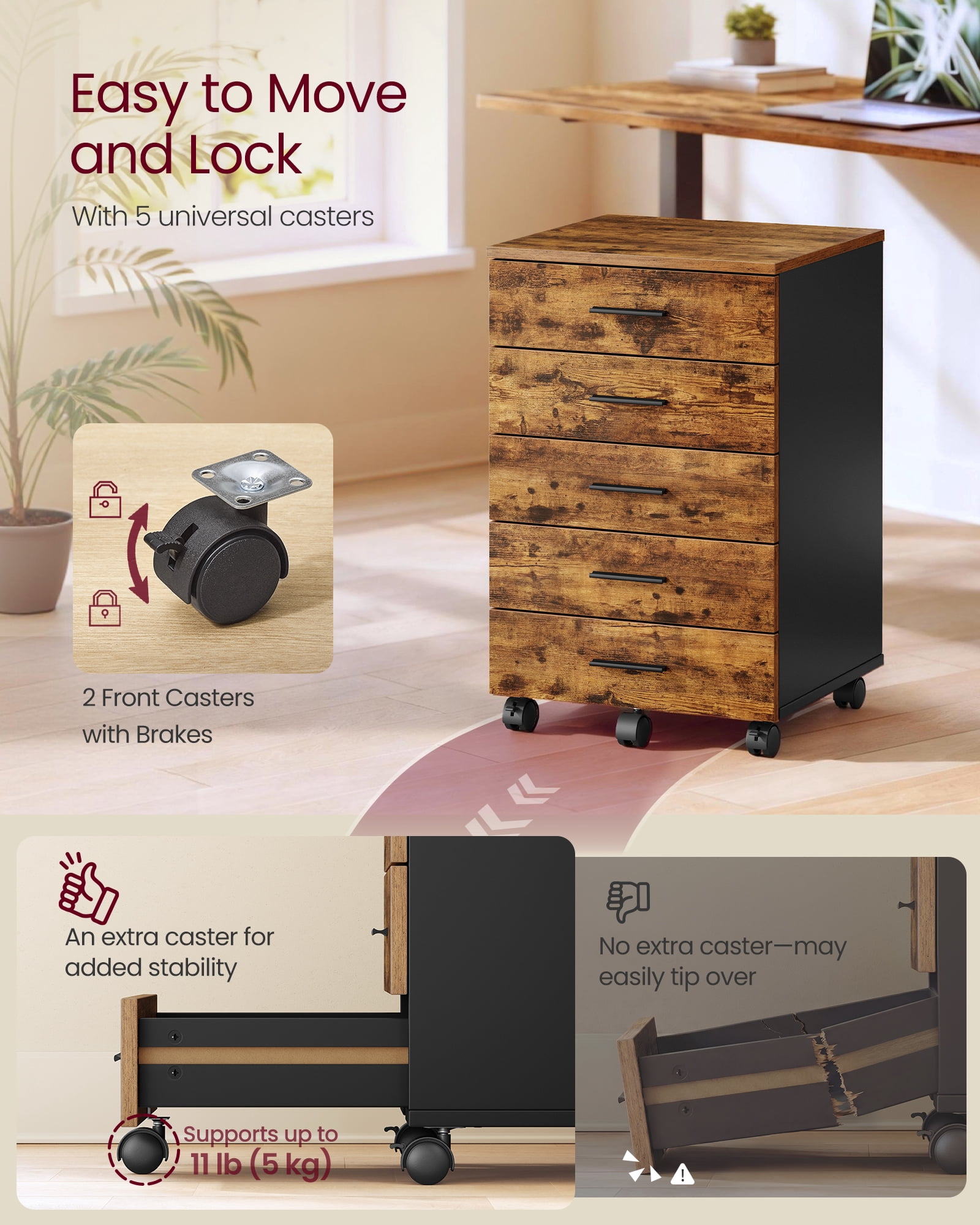 VASAGLE File Cabinet, Mobile Pedestal Filing Cabinet with Wheels, Printer Stand with 5 Drawers, Tool-Free Sliding Rails, Rustic Brown