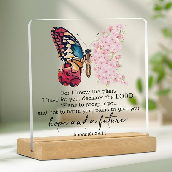 [ Plaque] Acrylic Plaque With Wooden Frame | Jeremiah 29:1 Bible Verse Sign Christian Home Decor Gift Butterfly & Floral Style "For I Know The Plan I Have For You" Wall Decor