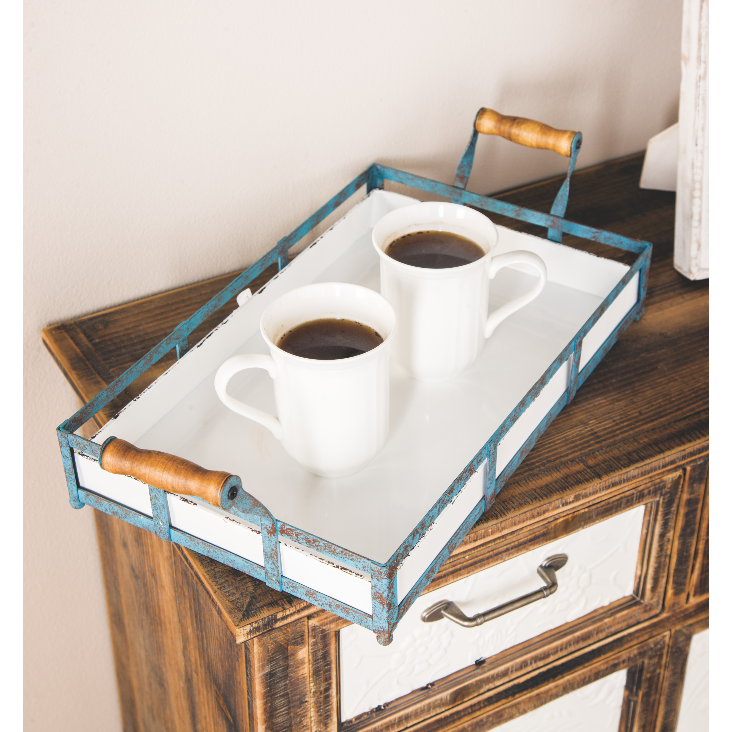 DecMode 22", 19"W Metal Farmhouse Tray, Blue, 2 - Pieces
