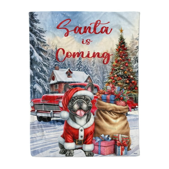 Santa is Coming French Bulldog Merry Christmas Xmas Noel Truck Tree Cozy Fleece Blanket Dog Lover Gifts Warm Soft Throw Blanket - 02023