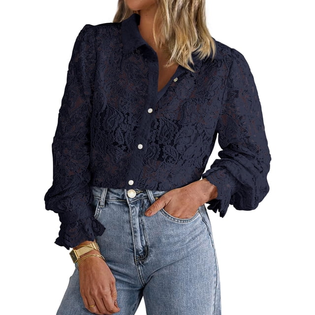 Blusa BTFBM de manga larga con encaje para mujer primavera 2025 azul marino