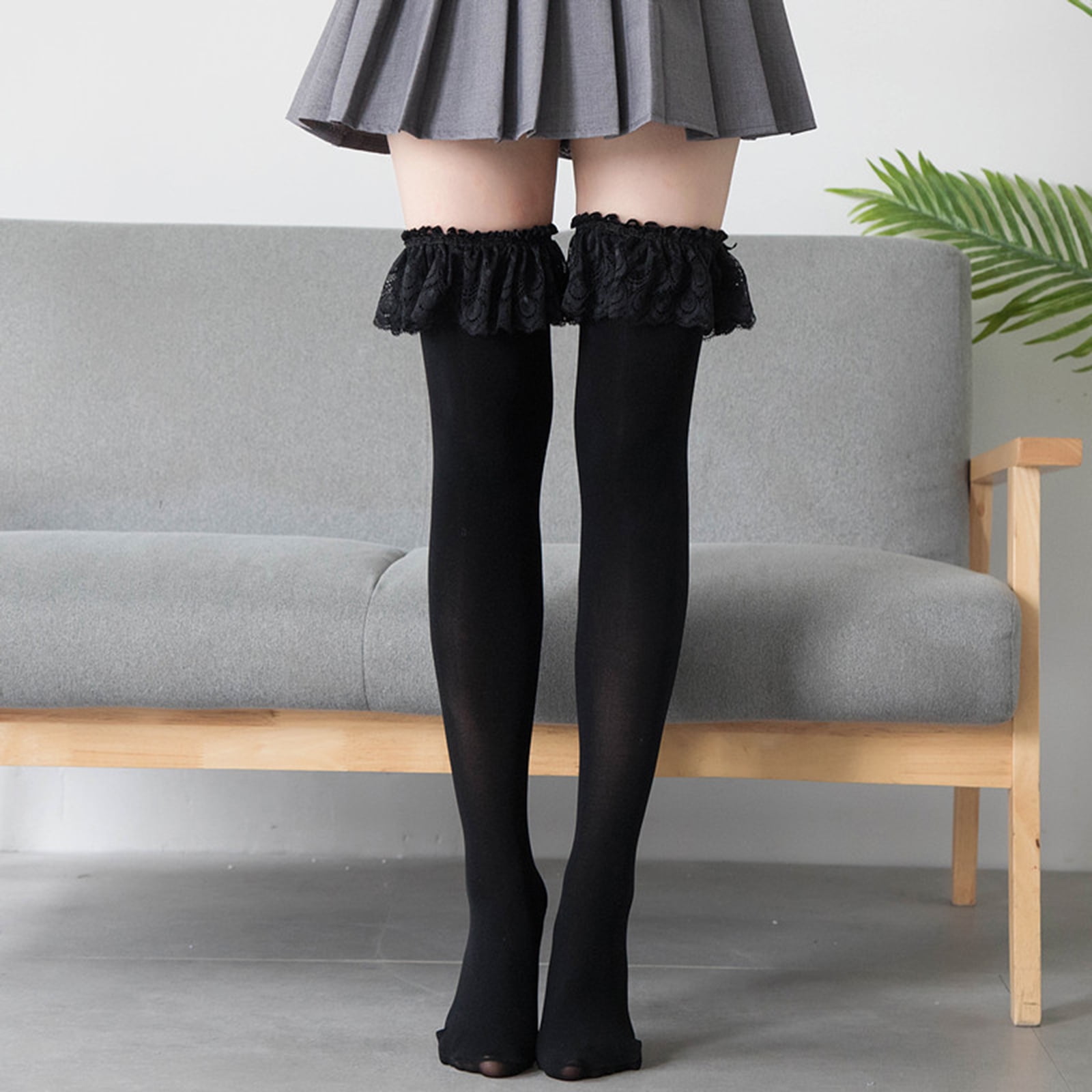 AOOOWER Japanese Lolita Thigh High Socks Ruffles Lace