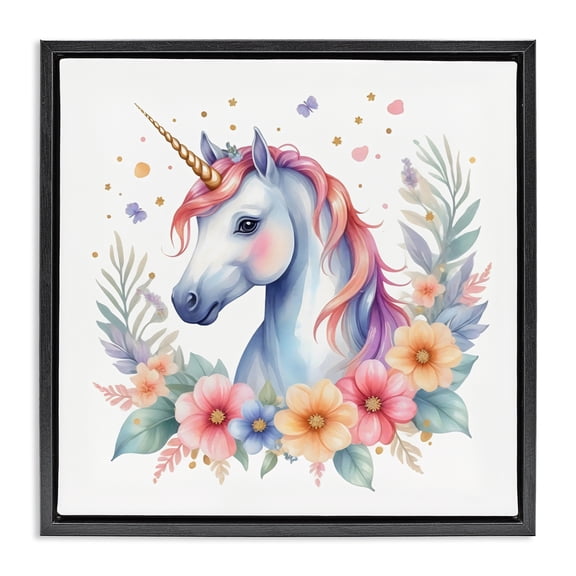 Stupell Industries Contemporary Colorful Unicorn with Flowers Black Floating Frame Canvas Art, 18 x 18, by Creative Studio