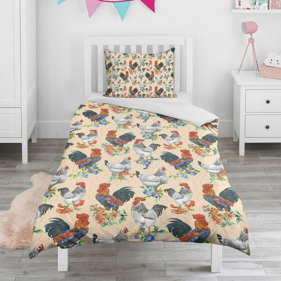 Chicken and Flower Duvet Cover and Pillowcase Set for Single Bedding, Bedroom Accessories for Kids Teens