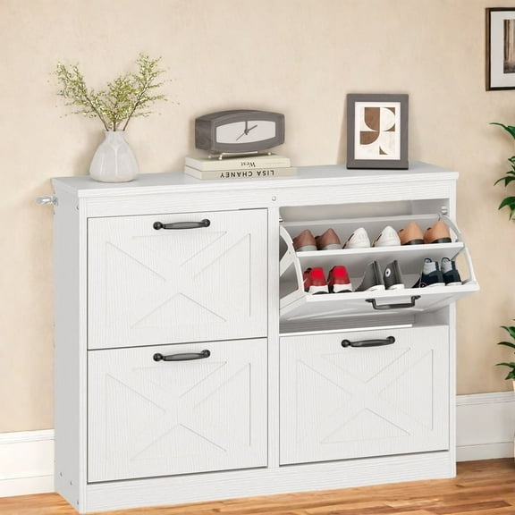 Dextrus Farmhouse Wood Shoe Cabinet with 4 Flip Drawers, Freestanding Narrow Shoe Rack Organizer,White