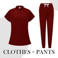 thumbnail image 2 of WTOBBY Women's Quick-Dry Short Sleeve Scrubs Set with Pockets, Solid Color V-Neck Top and Pants, 2-Piece Nursing Uniform, Medical Workwear for Healthcare Professionals,Wine M, 2 of 4