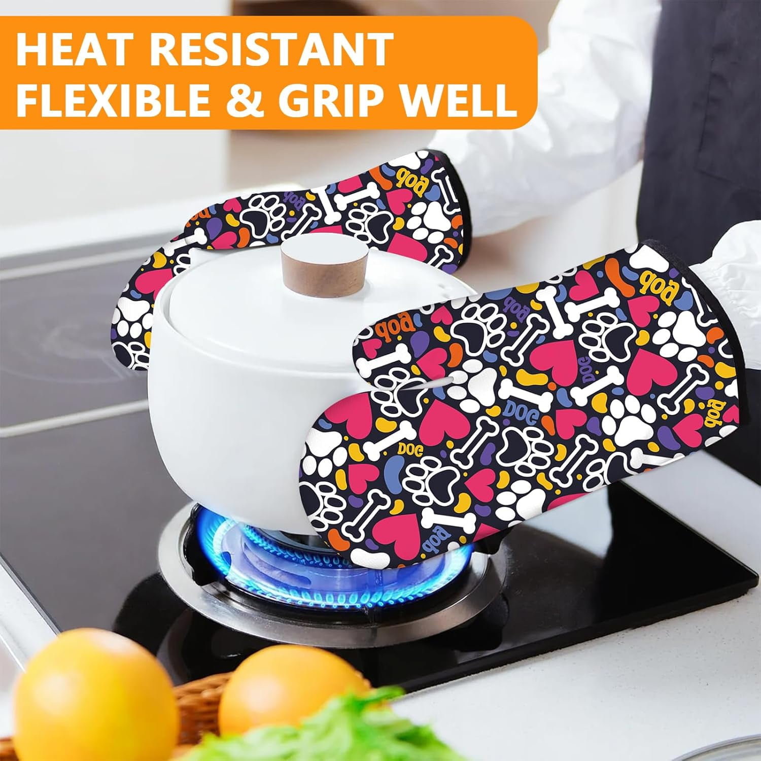 Sunflower Highland Cow Oven Mitts and Pot Holders Sets 4Pcs,Extra Long Oven Gloves Potholder for Kitchen Cooking Baking BBQ 100% Cotton Heat Resistant