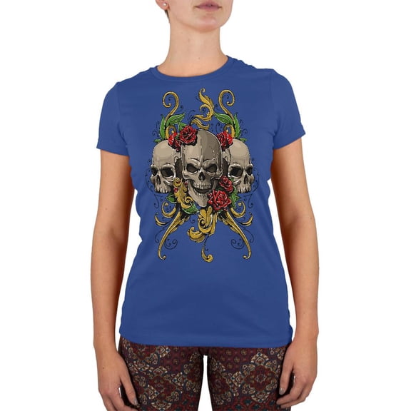 Skulls and Roses Tattoo Juniors Soft T Shirt Royal 2XL