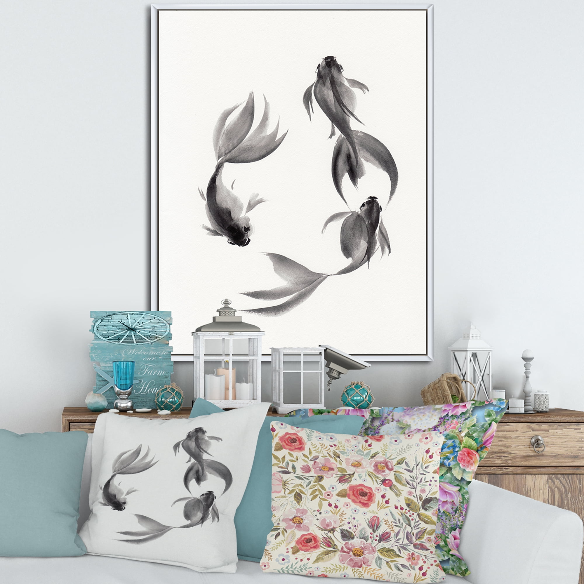 Designart 'Black and White Vintage Fish III' Nautical & Coastal Framed Canvas Wall Art Print