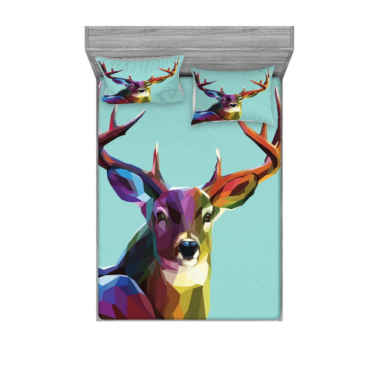 Deer Bedding Set with Sheet & Covers, Modern Illustration of Low Poly