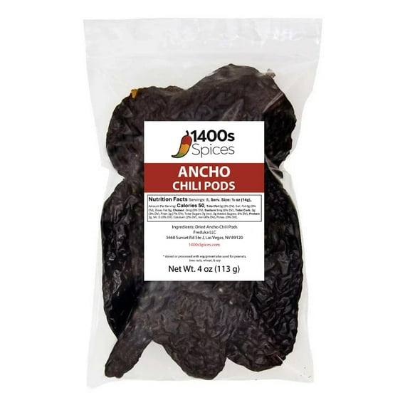 4oz Ancho Dried Whole Chile Peppers, Chili Seco Pods by 1400s Spices