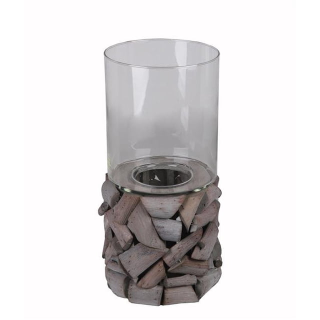 Benzara BM203816 Quaint Style Wood & Glass Candleholder, Gray & Clear - Large