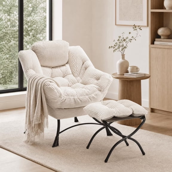 Lazy Chair with Ottoman, Modern Lounge Accent Chair with Armrests, Leisure Upholstered Sofa Chair Reading Chair with Footrest, Corner Chair-White