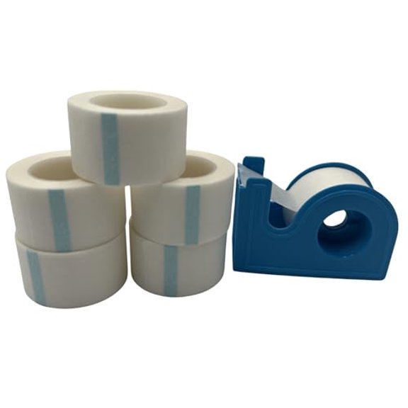 Soft Paper Non-Woven Microporous Self Adhesive Latex Free Waterproof Medical Surgical Tape 1" x 10 Yards, Set of 6 Rolls with One Dispenser Included