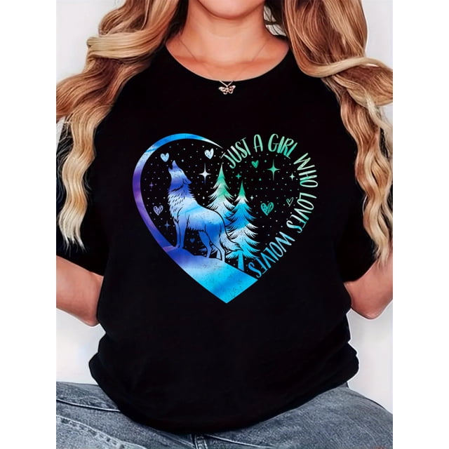 Camiseta con gráfico de lobo degradado para mujer: diseño retro minimalista, cuello redondo, manga corta y estampado "Just a Girl Who Loves Wolves". Corte cómodo e informal para uso diario.