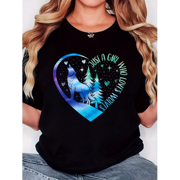 Camisetas divertidas para mujer, con estampado de animales, manga corta, cuello redondo, para verano, casual, holgadas, ligerasWomen's Gradient Love Wolf Graphic T-Shirt - Retro Minimalist Design, B