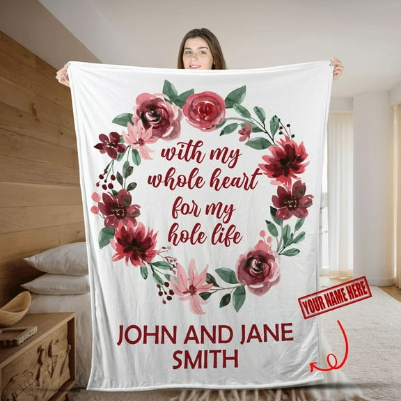 Personalized Wedding Blanket with Names – Custom Anniversary Gift for Couples, Floral Print Throw Blanket Gift For Valentine Wedding Anniversary - Fleece-50x60