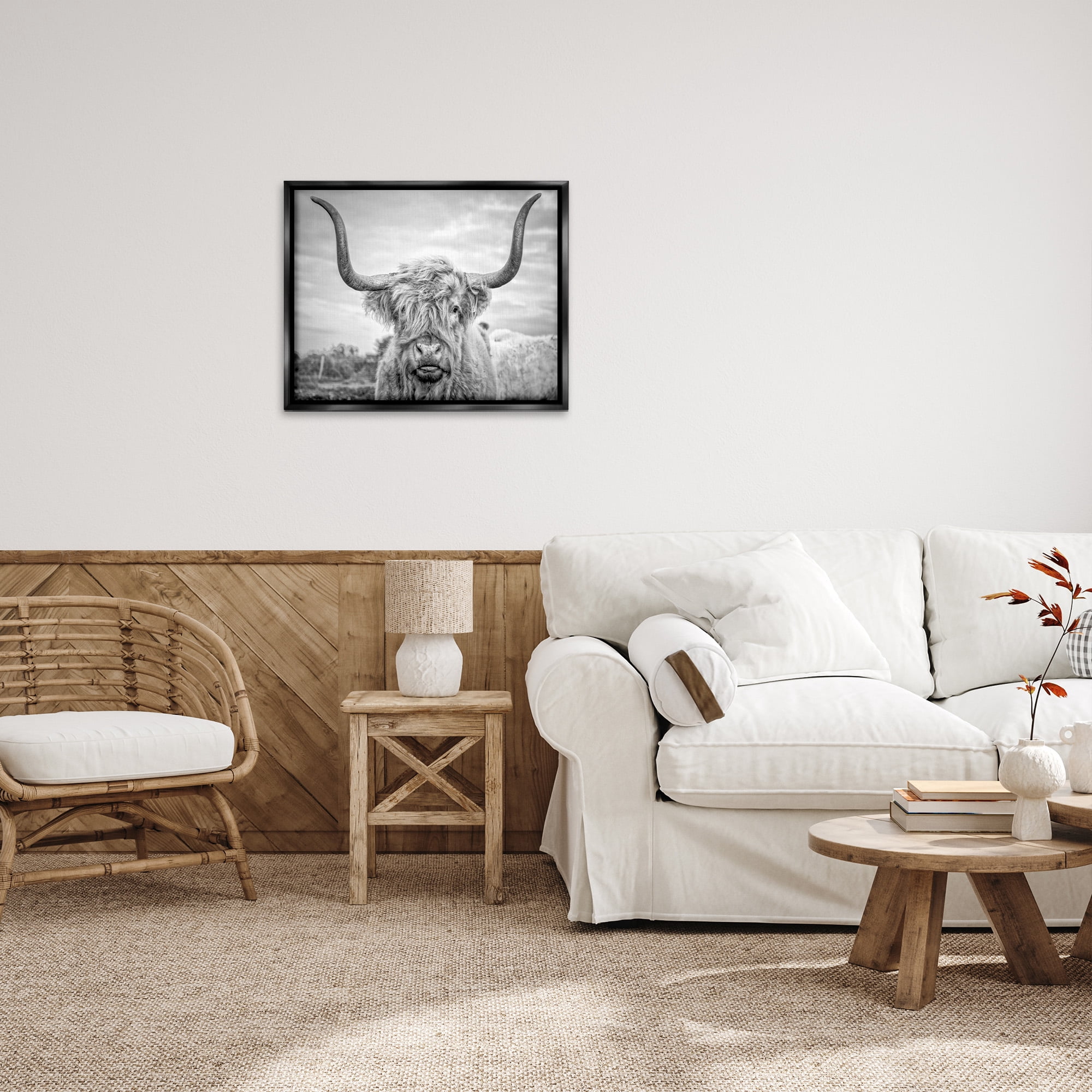 Stupell Industries Black and White Highland Cow Photograph Jet Black Framed Floating Canvas Wall Art, 24x30, by Joe Reynolds