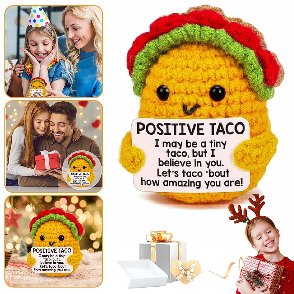 Cute Positive Taco Crochet Plush – Handmade Knitted Taco With Encouragement Card, Fun Decor For Home, Office & Gifts