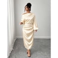 thumbnail image 3 of Apricot Satin Asymmetric Cowl Neck Ruched Waist A-Line Midi Dress, 3 of 6