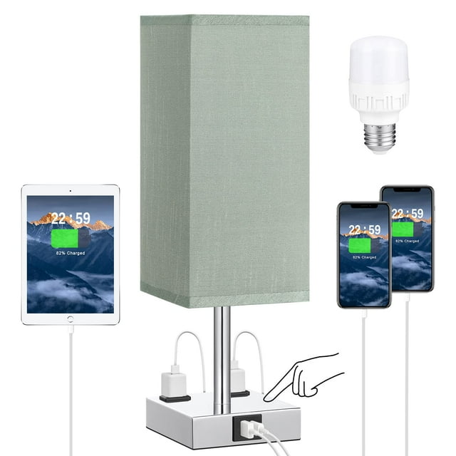 Bedside Lamp with USB Port and Outlet, 3-Way Dimmable Touch Lamp with USB Charging Port for Bedroom, Small Green Table Lamp with Charger for Nightstand Living Room Office Desk (LED Bulb Included)