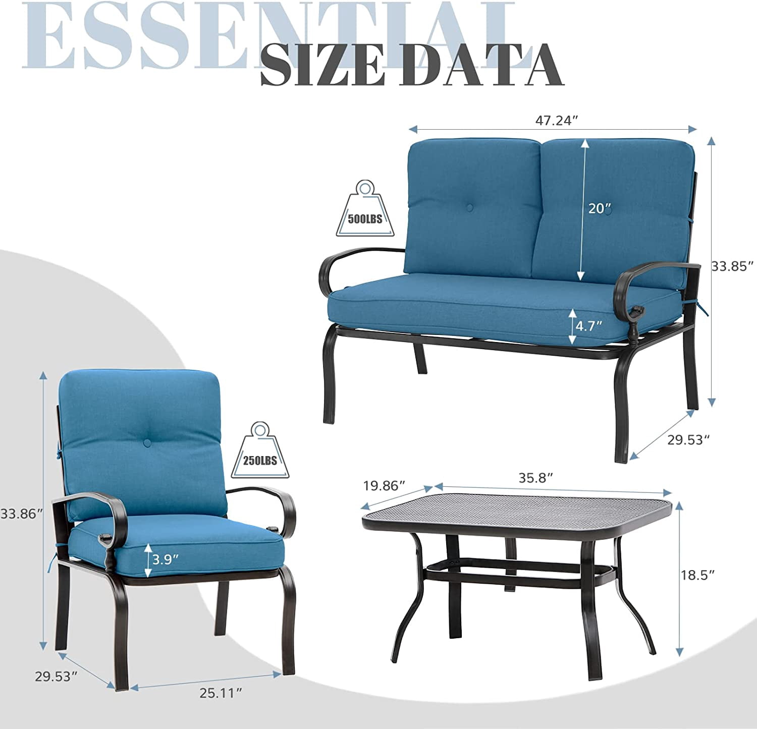 SOLAURA 4-Piece Outdoor Furniture Patio Metal Conversation Set with Peacock Blue Cushions