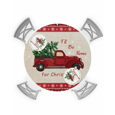 

Round Tablecloth with Elastic I ll Be Home For Christmas Vintage Red Truck Waterproof Stain-proof Table Cover Wipeable Fitted Table Cloths for 36 -44 Round Tables Dining Kitchen Indoor Outdoor Use