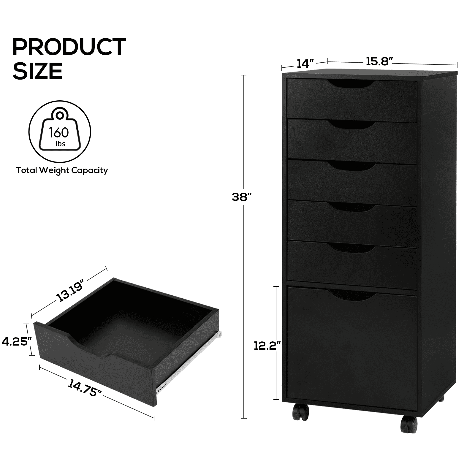 RichYa Mobile File Cabinet,Rolling Storage Drawers on Wheels,5-Drawer Storage Organizer Chest for Home Office (Black)