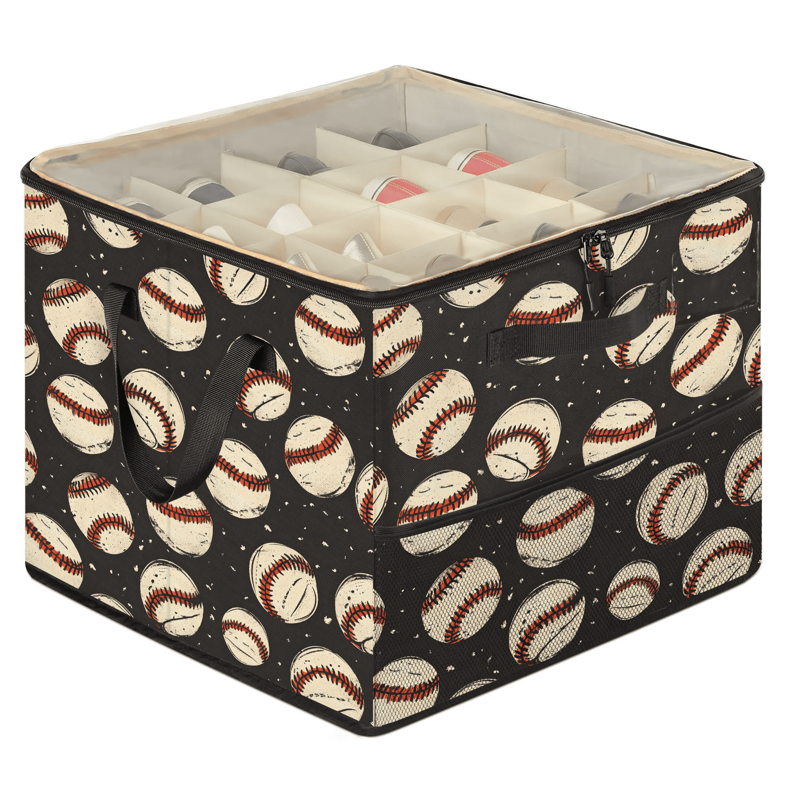 Jiaoprinted Vintage Baseballs Shoe Storage Box with Adjustable Dividers Large Shoe Organizer with Clear Transparent Lid Retro Baseball Foldable Stackable Shoes Storage Bin for Closet Entryway